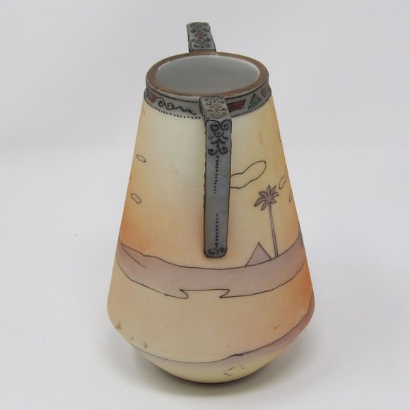 Antique Hand Painted Nippon Green Label Handled Vase with Egyptian Scene with Mo - Picture 4 of 10